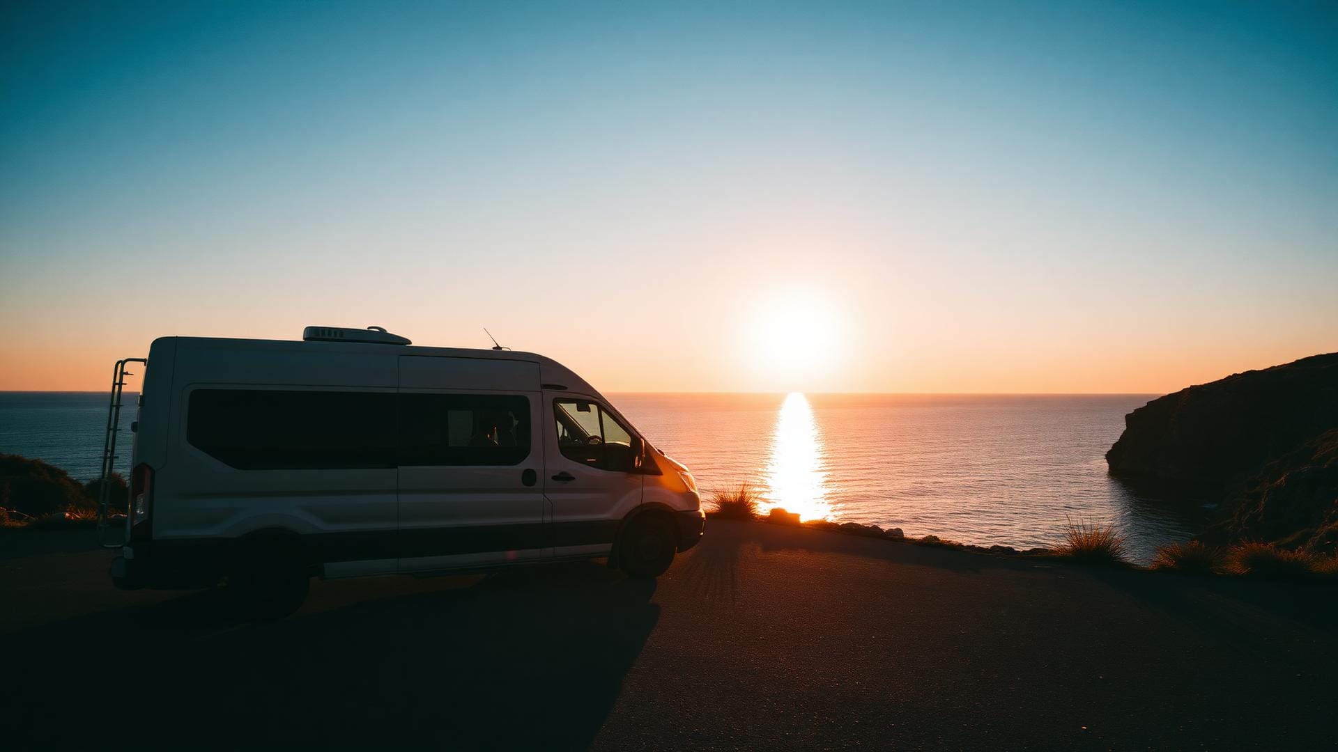 Camper blanca al atardecer en una carretera costera con el mar y el sol en el horizonte